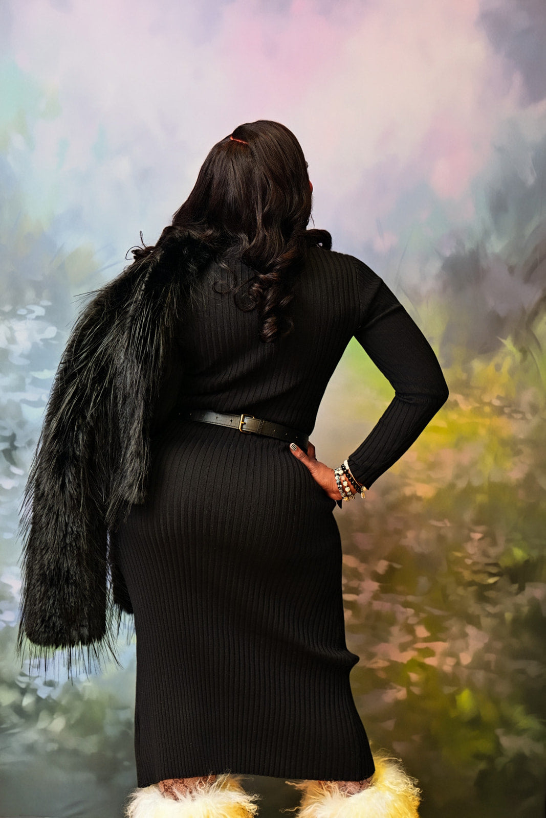 Ribbed Zip-Front Midi Dress with Belt Bag