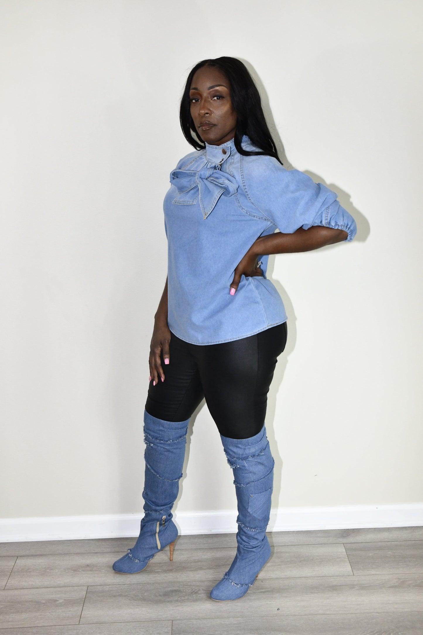 Denim Bow Pullover Shirt