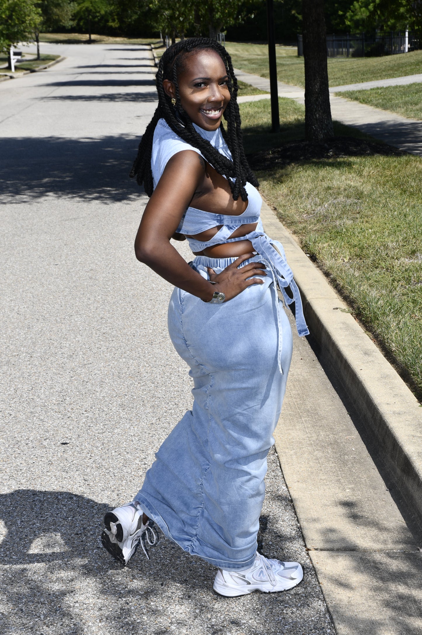 RUCHED MAXI DENIM PENCIL SKIRT