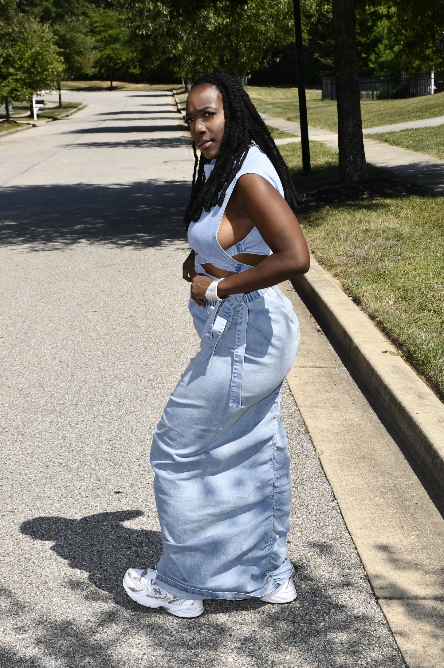 RUCHED MAXI DENIM PENCIL SKIRT