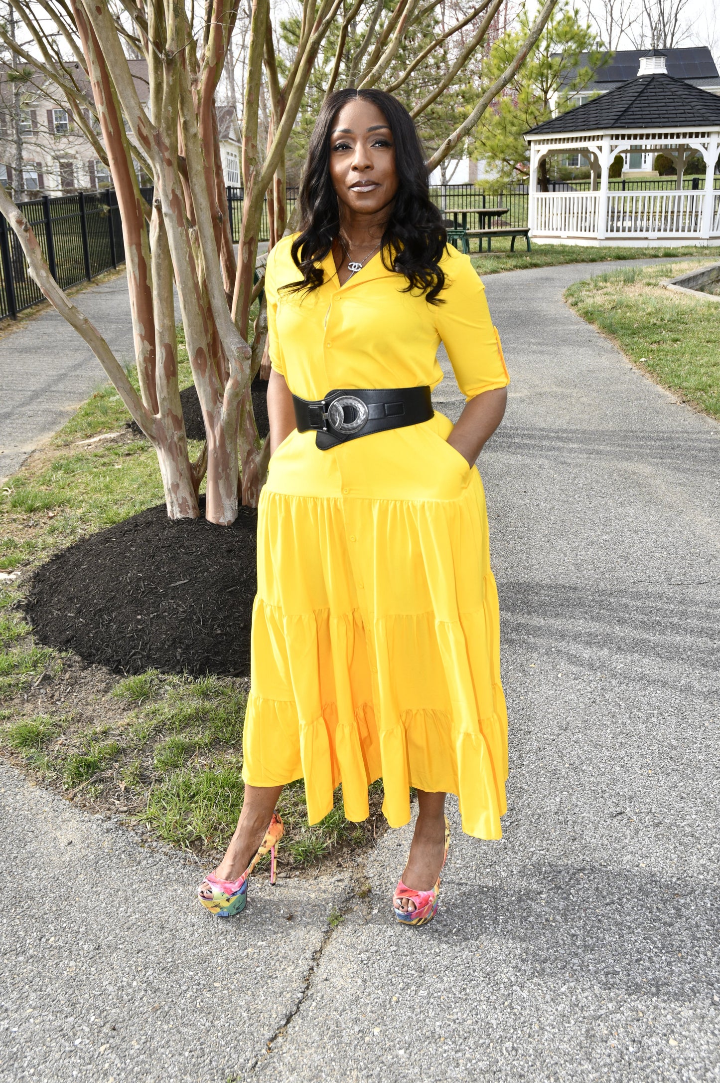 Chic Ruffle Detail Shirt Dress Yellow