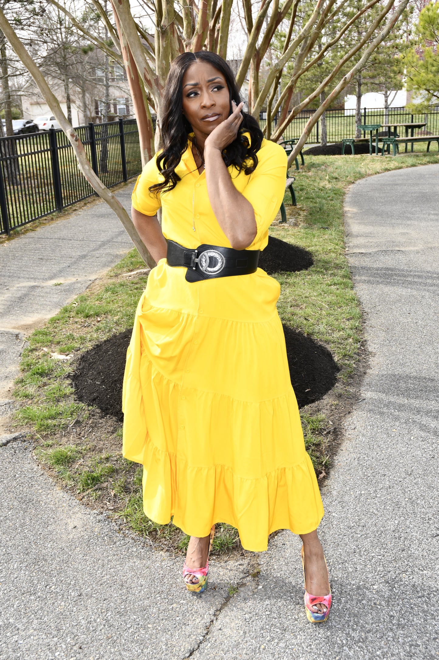 Chic Ruffle Detail Shirt Dress Yellow