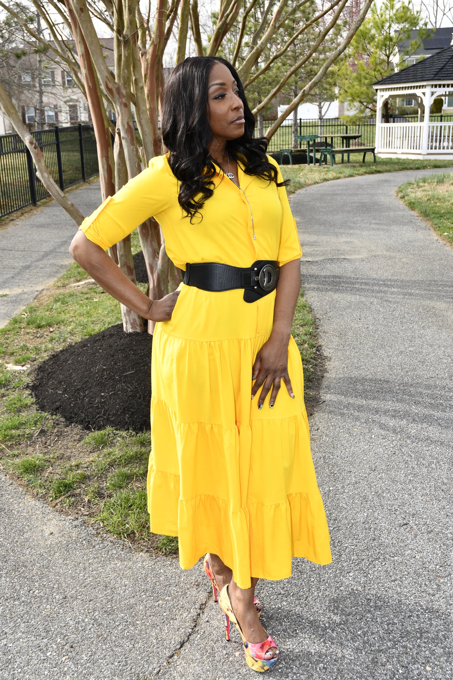 Chic Ruffle Detail Shirt Dress Yellow