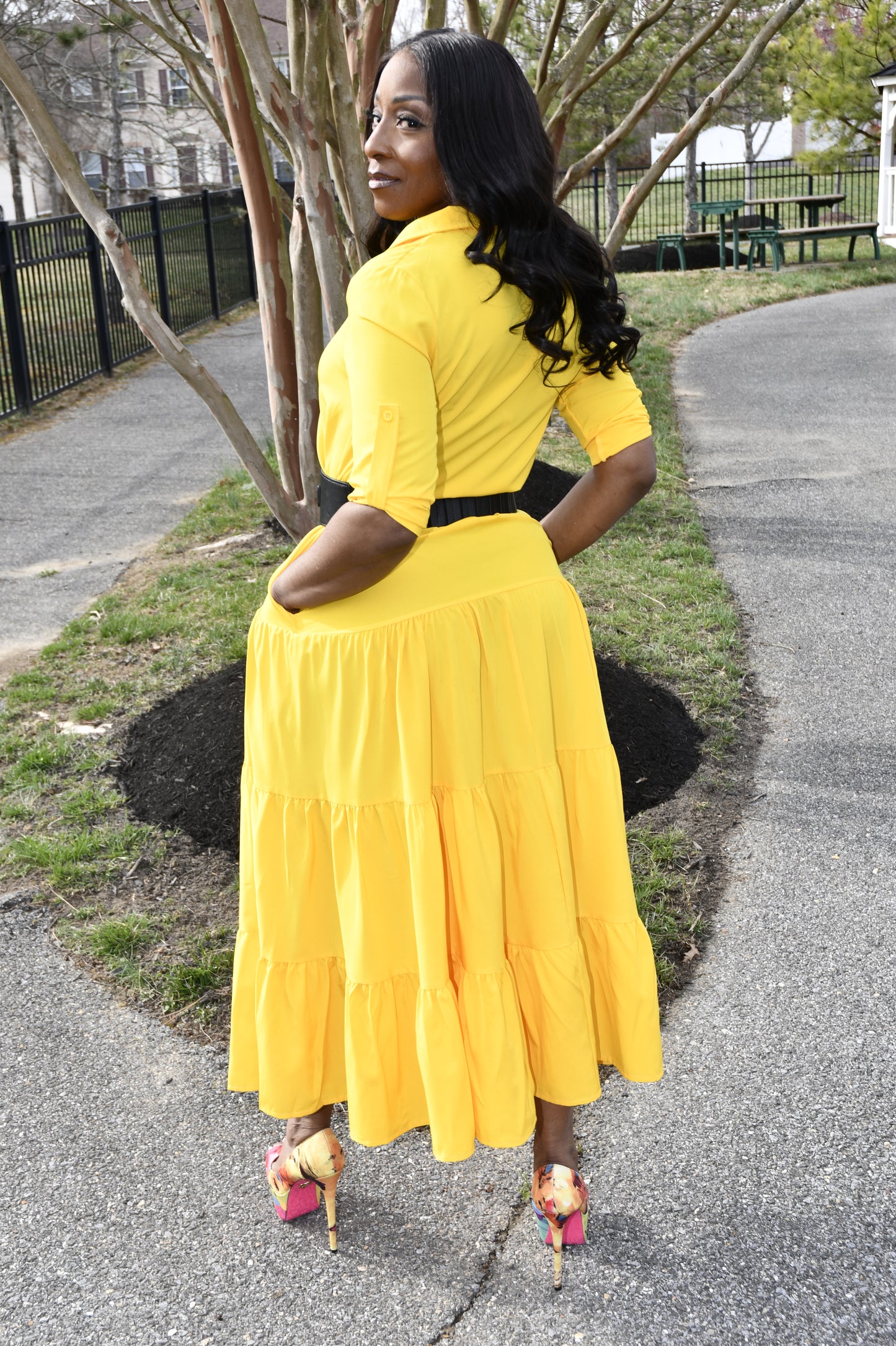 Chic Ruffle Detail Shirt Dress Yellow