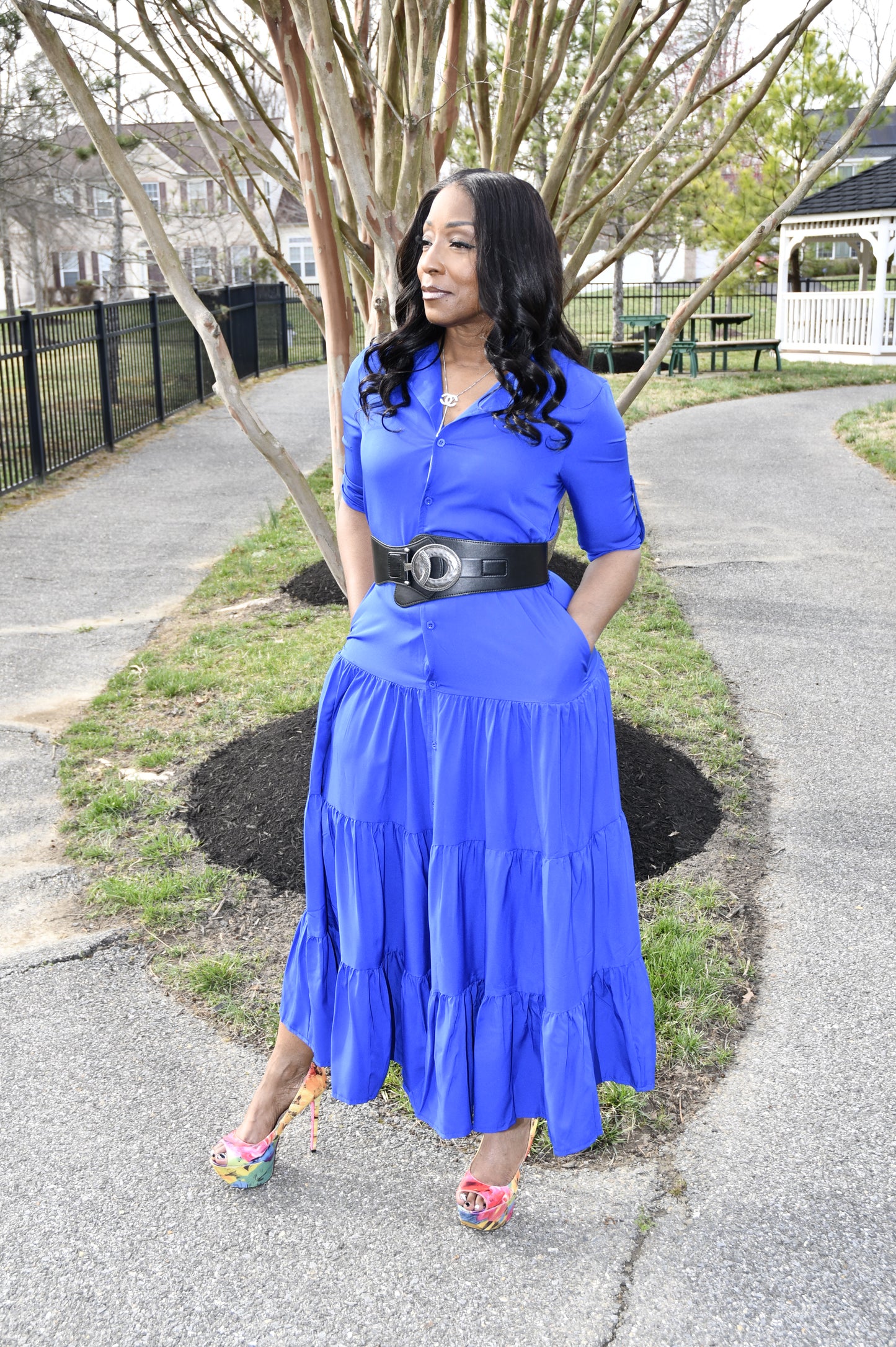 Chic Ruffle Detail Shirt Dress Blue
