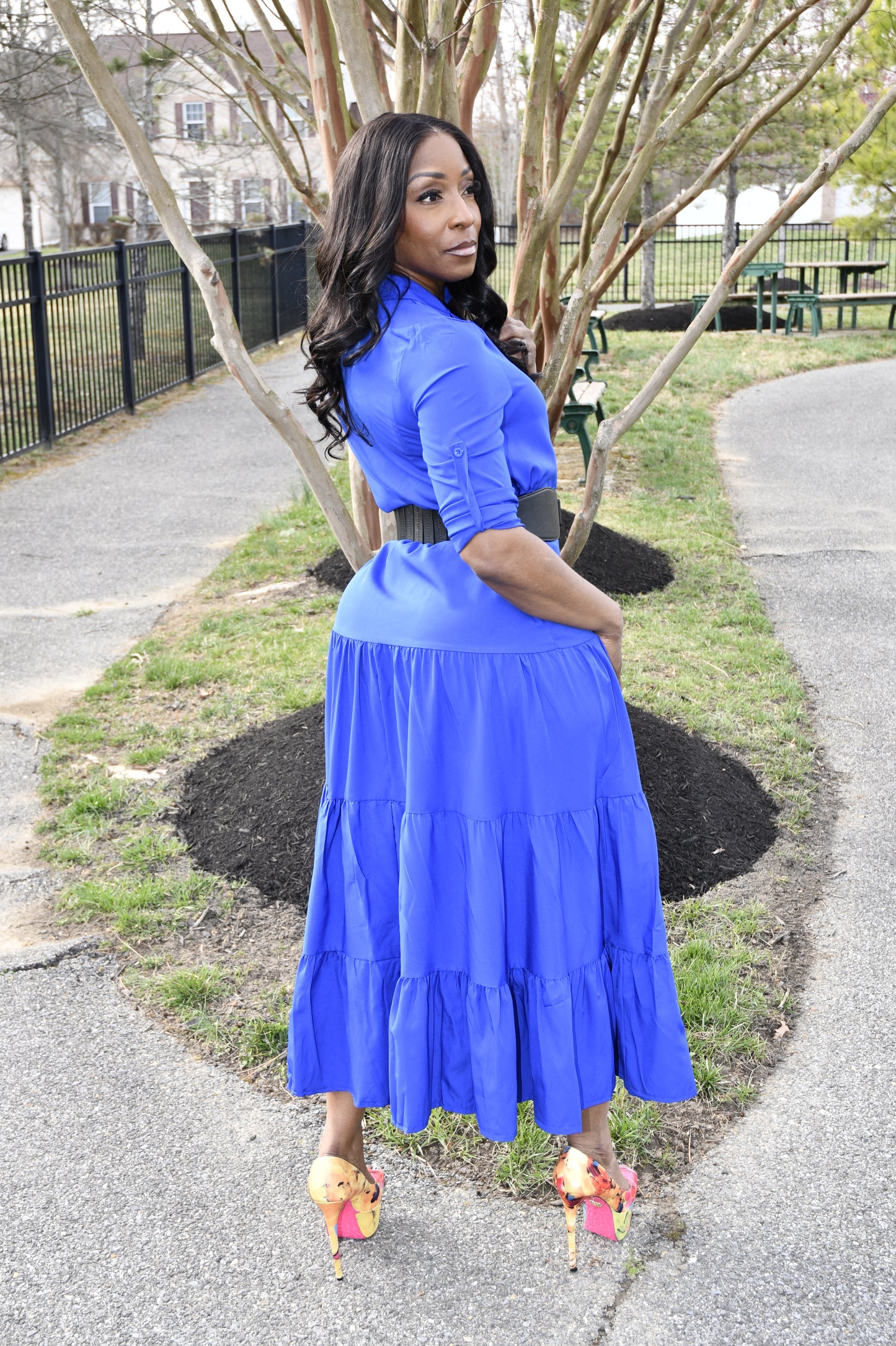 Chic Ruffle Detail Shirt Dress Blue