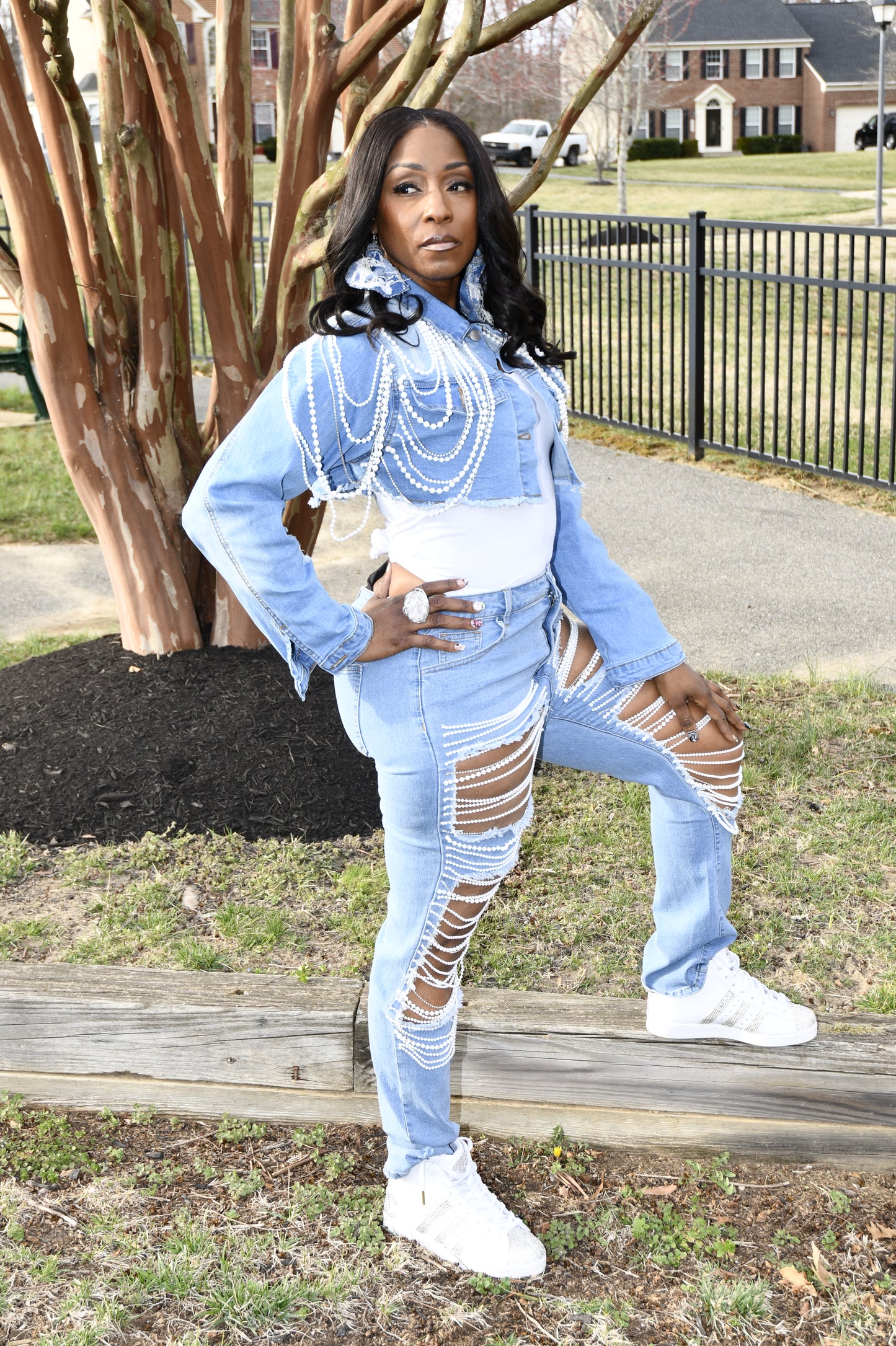 Pearl Chain Distressed Denim Jean