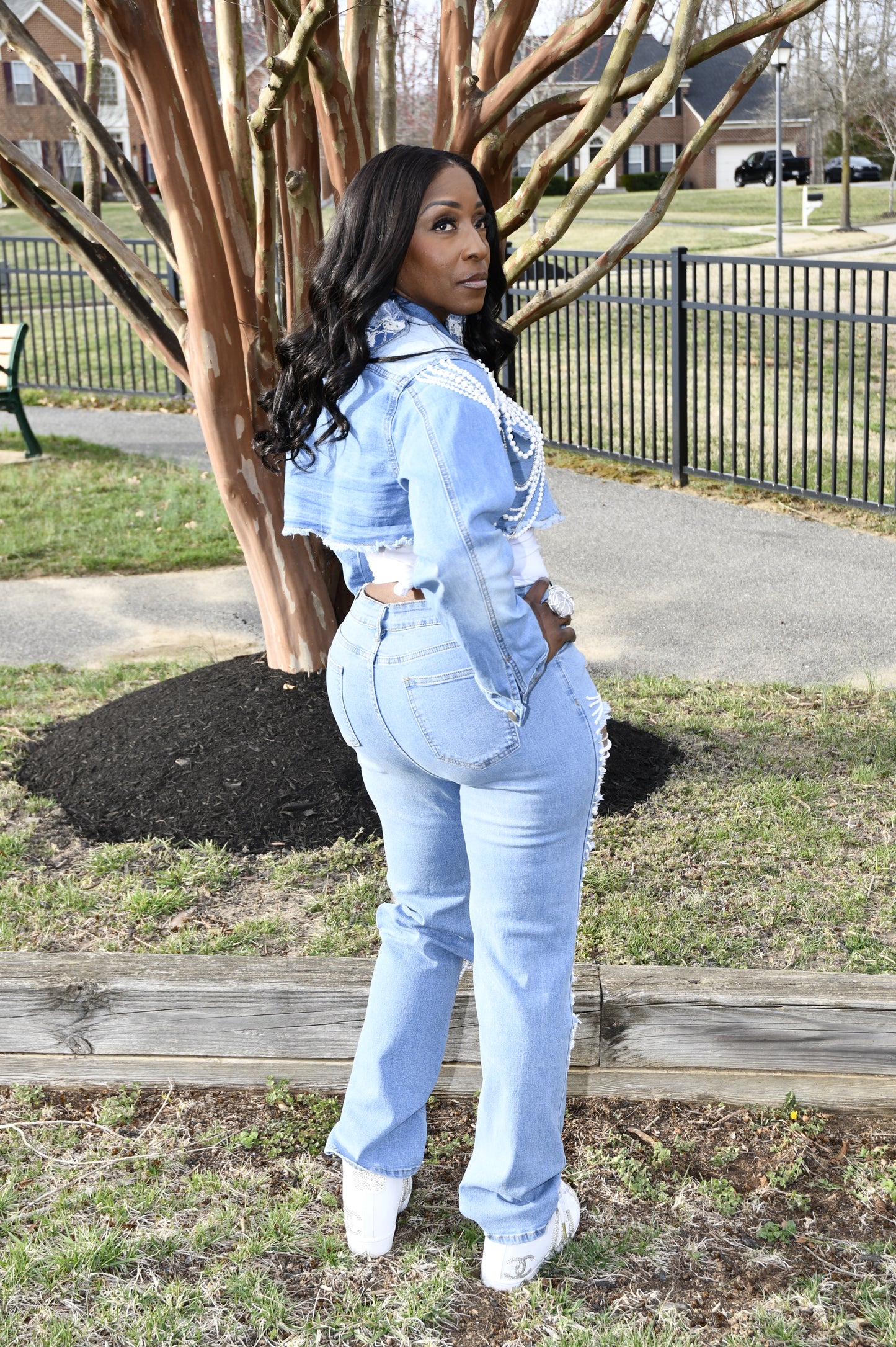 Pearl Chain Distressed Denim Jean
