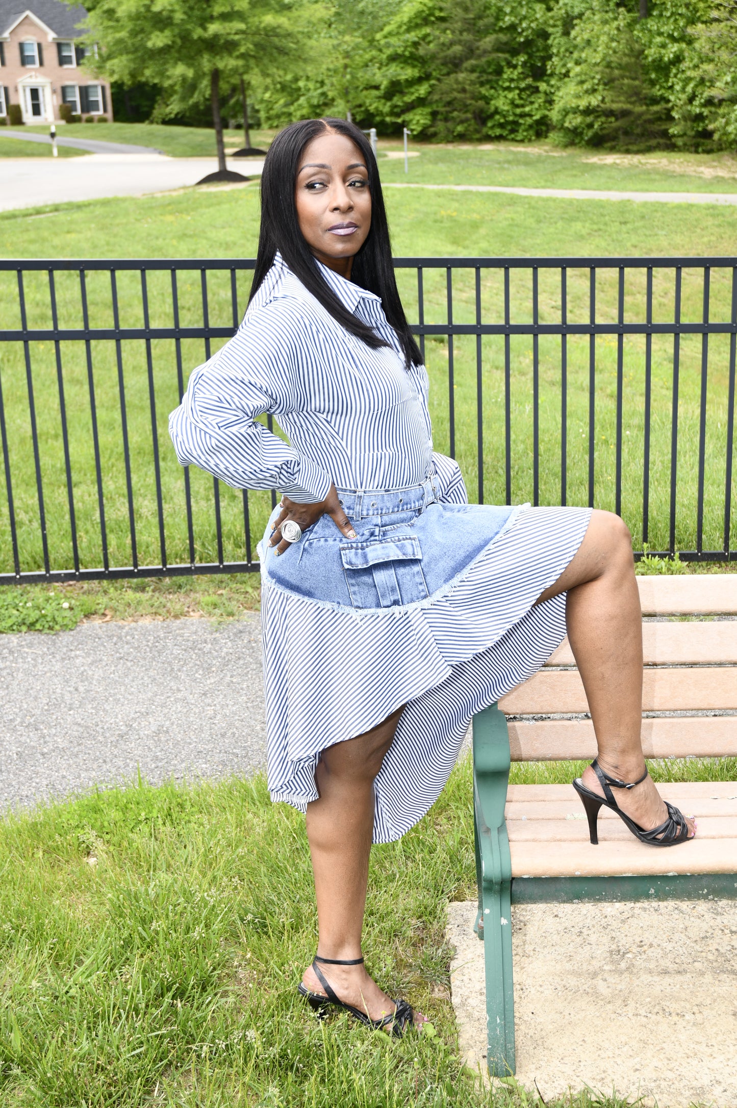 Stripe & Denim Asymmetrical Shirt Dress