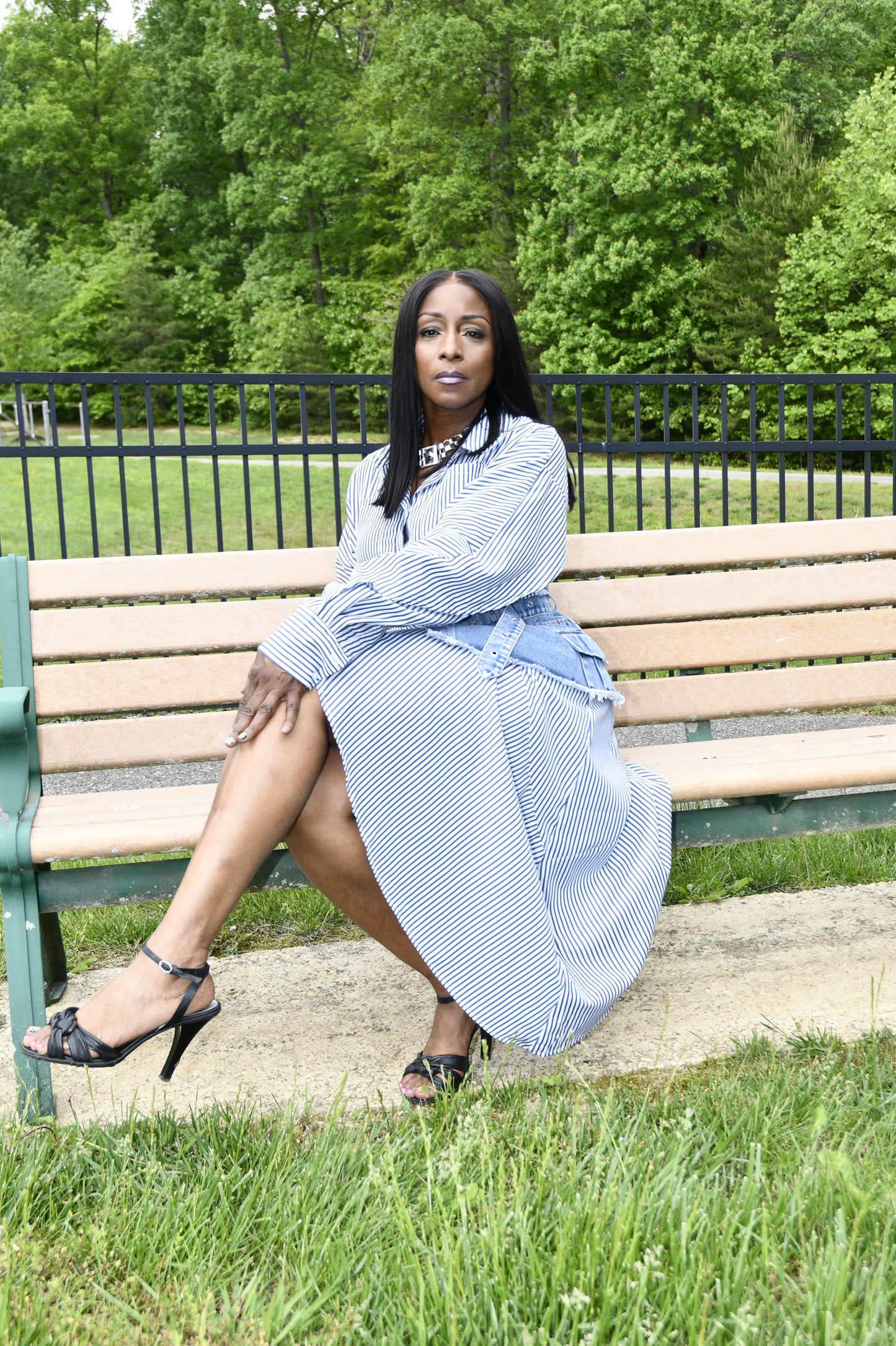 Stripe & Denim Asymmetrical Shirt Dress