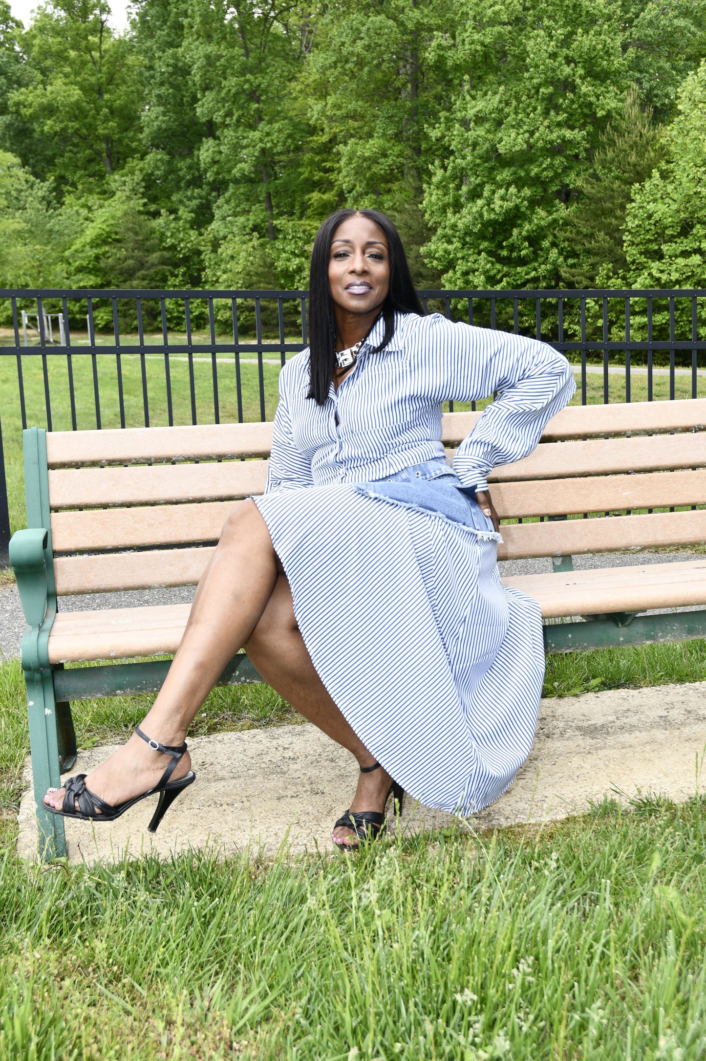 Stripe & Denim Asymmetrical Shirt Dress
