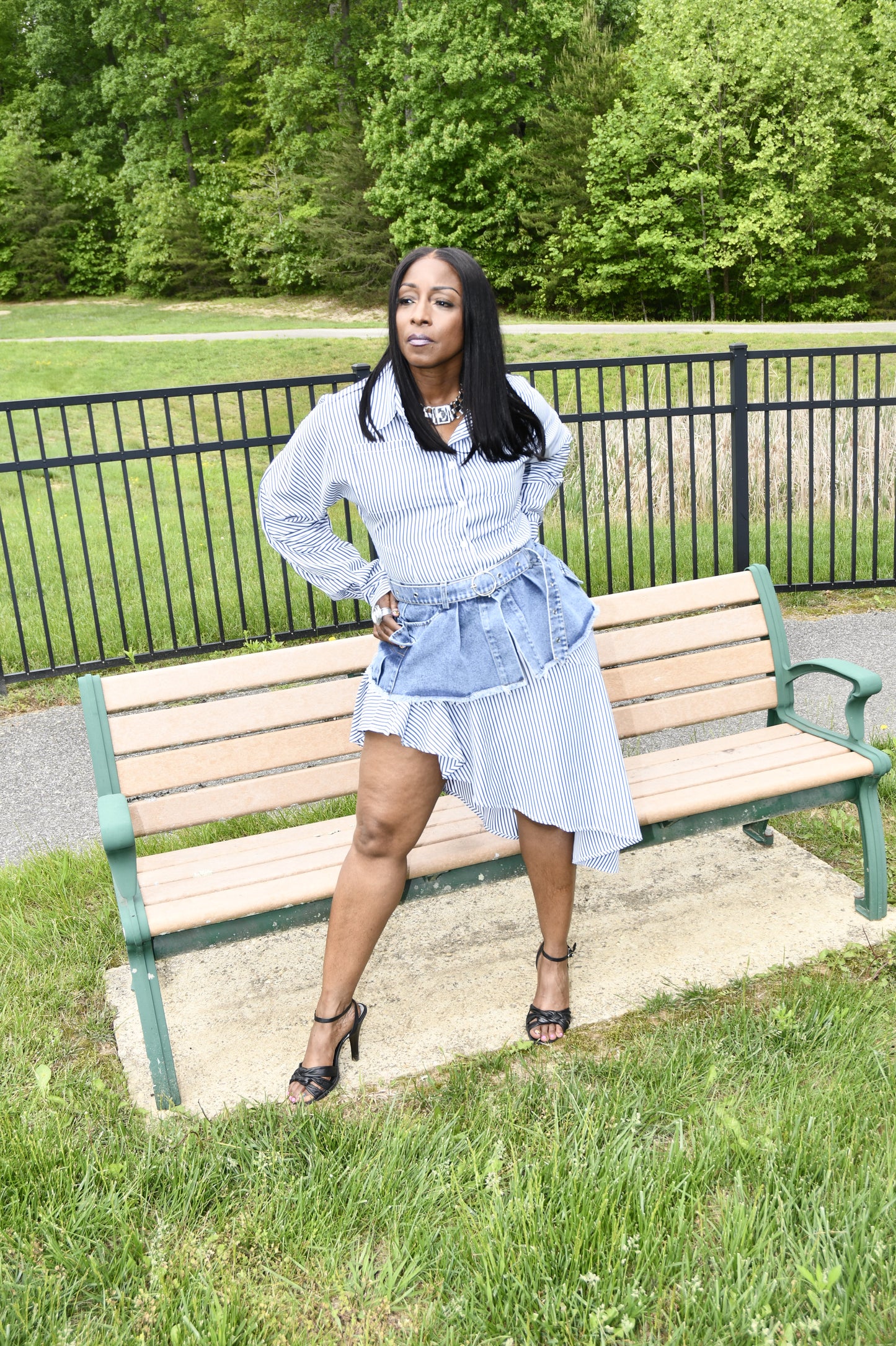 Stripe & Denim Asymmetrical Shirt Dress