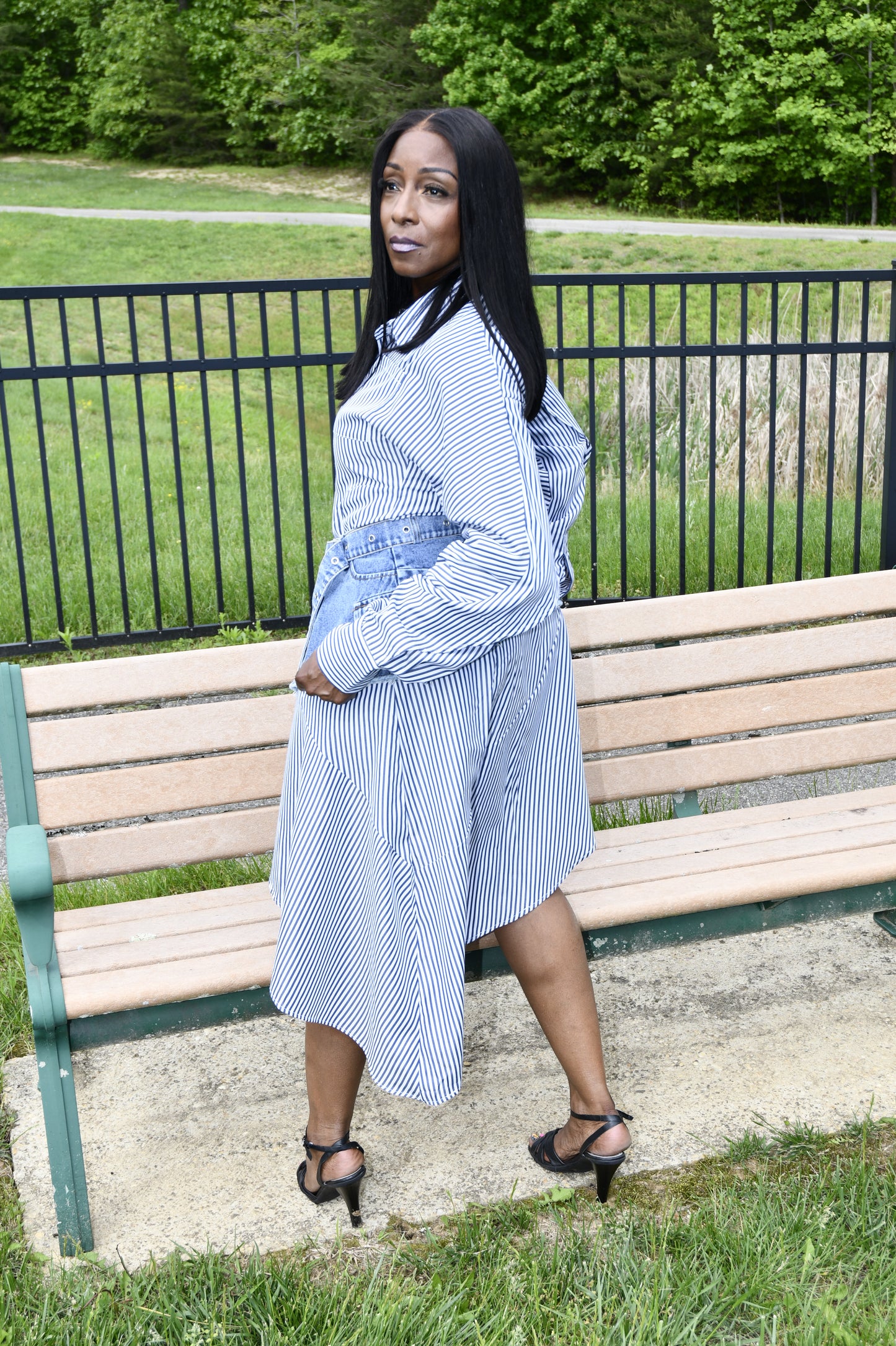 Stripe & Denim Asymmetrical Shirt Dress