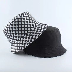 Checker bucket hat with reversible black side