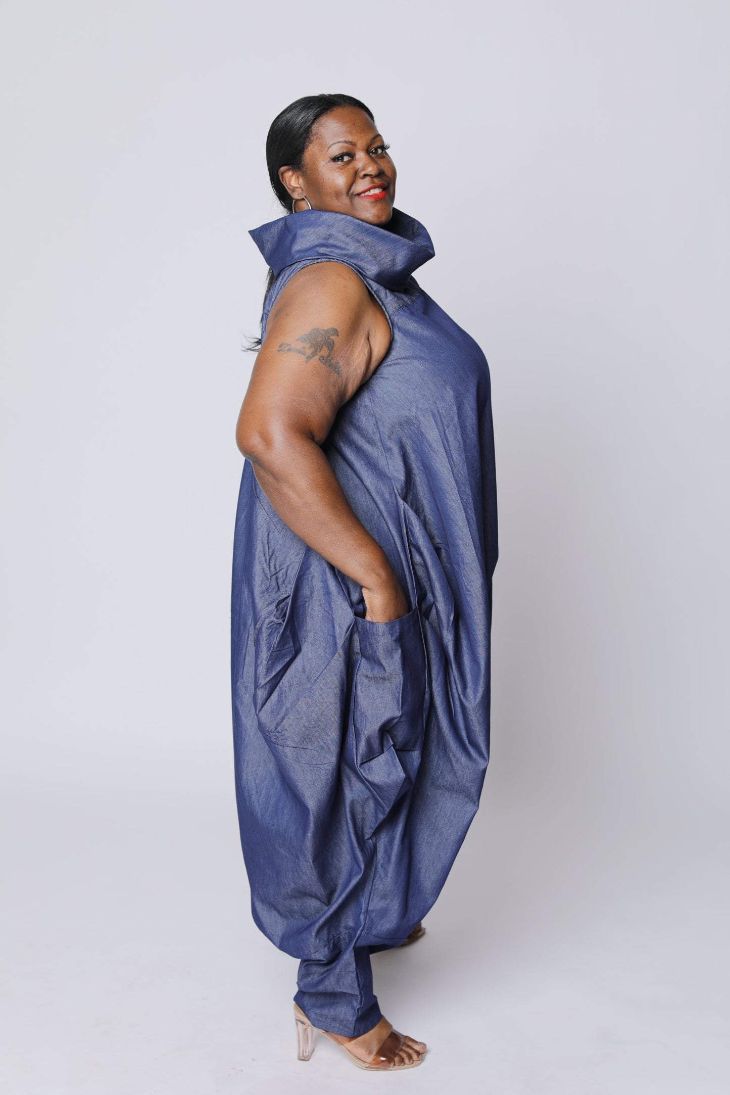 Cowl Neck Denim Jumpsuit