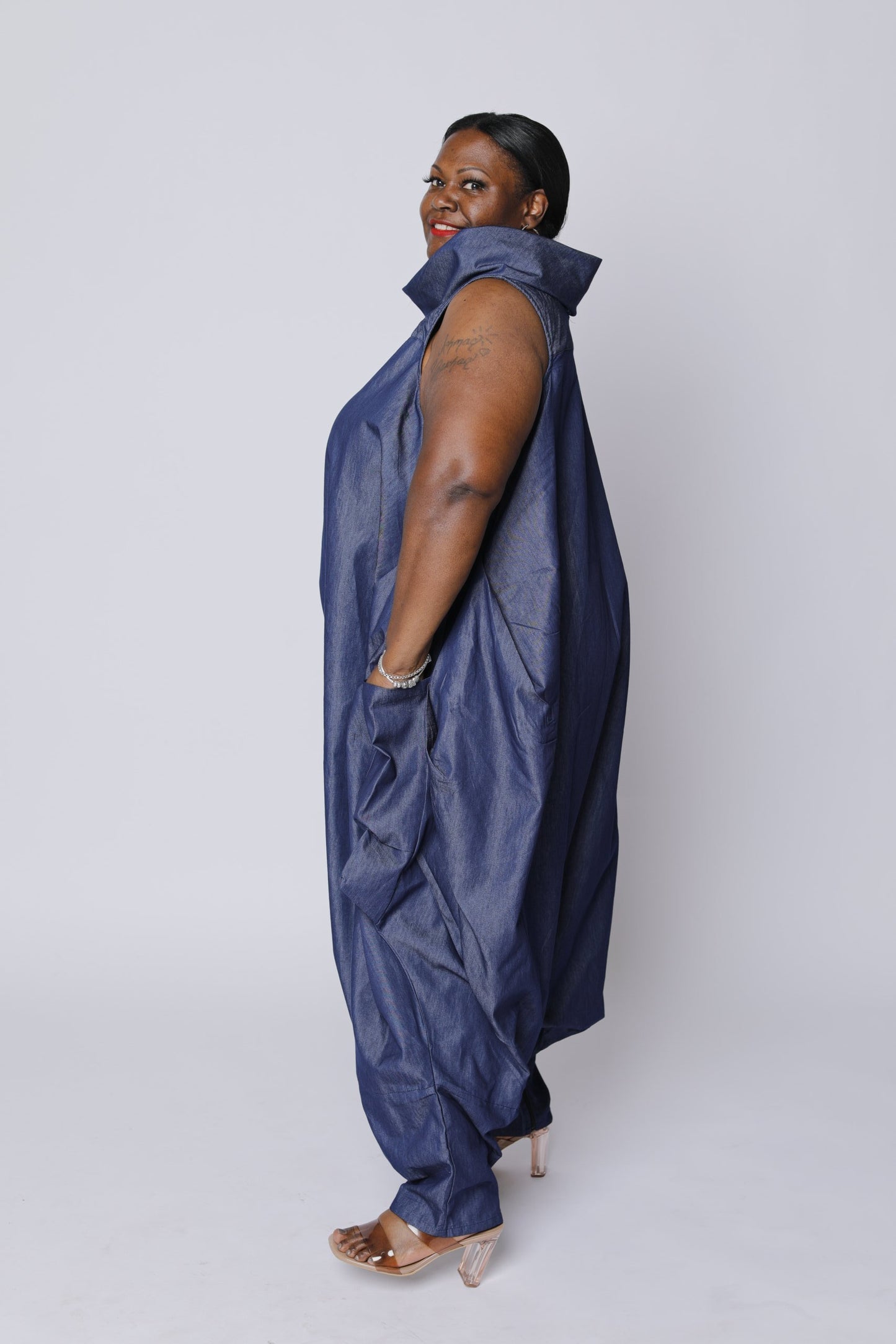 Cowl Neck Denim Jumpsuit