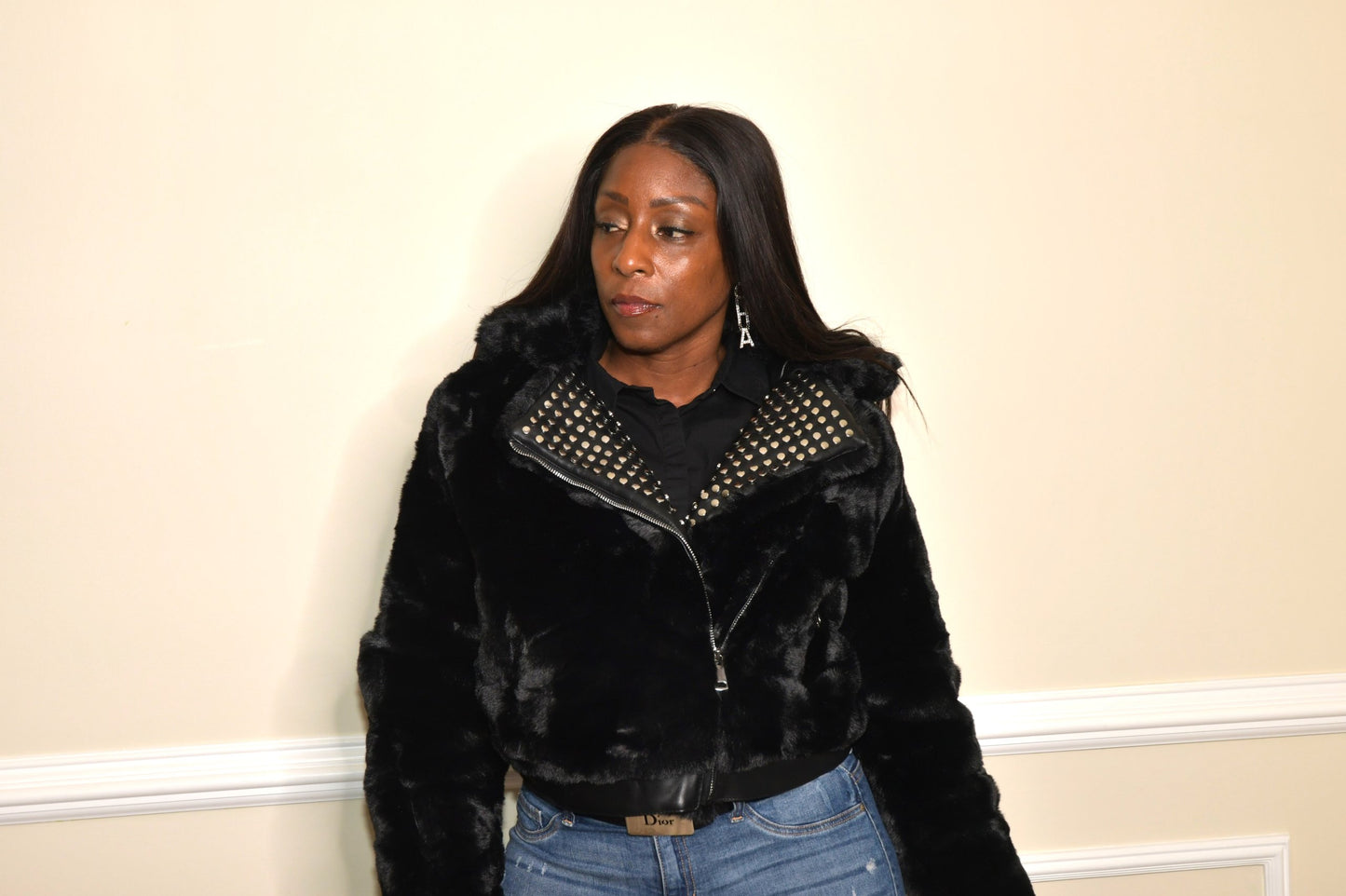 Jazzy Stud Faux Fur Jacket