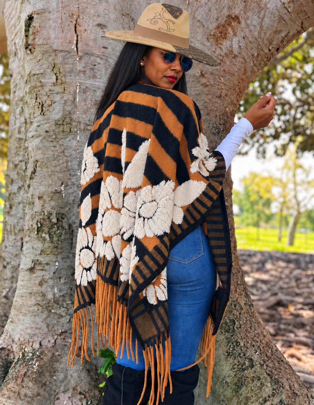 Cocoa Bloom Fringe – Brown Striped Floral Poncho Shawl