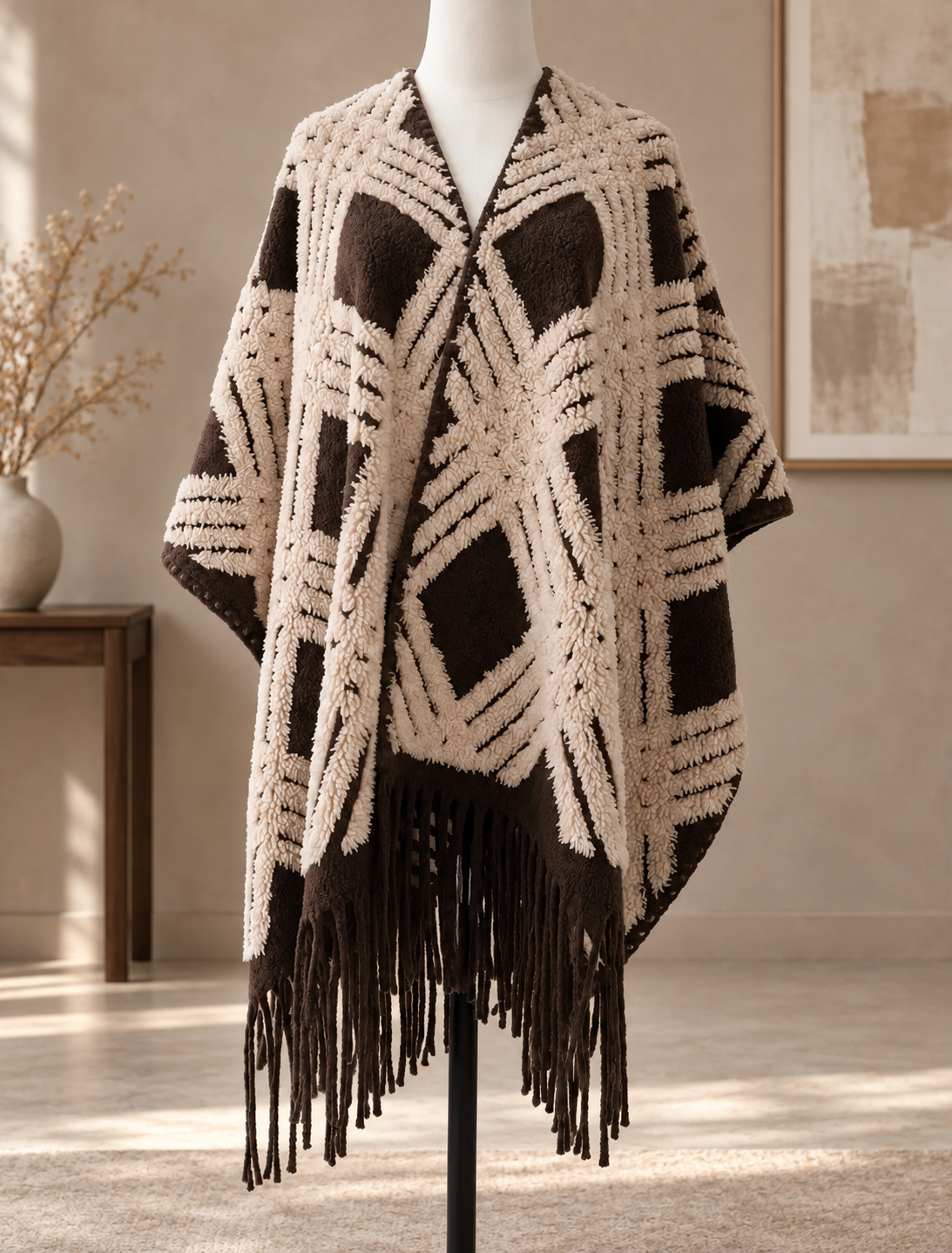 Cocoa Bloom Fringe – Brown Striped Floral Poncho Shawl