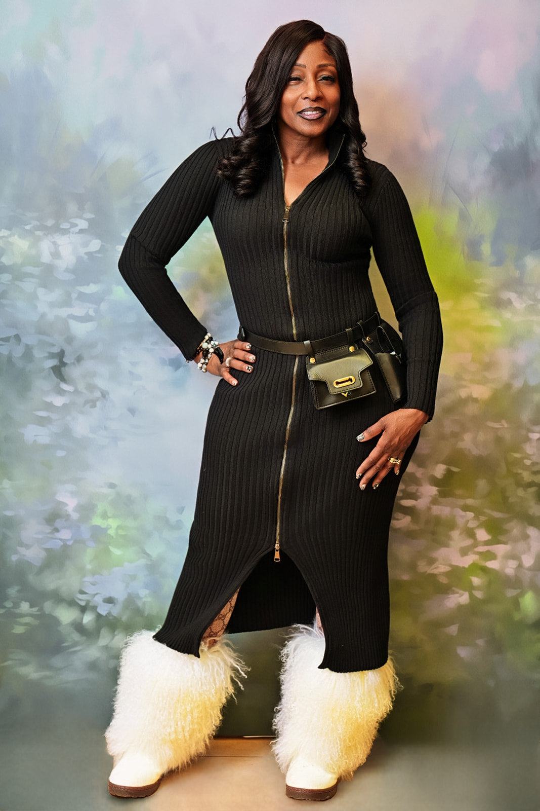 Ribbed Zip-Front Midi Dress with Belt Bag