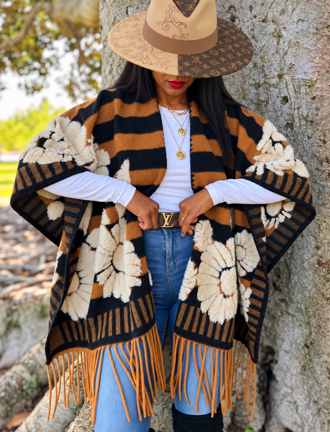 Cocoa Bloom Fringe – Brown Striped Floral Poncho Shawl