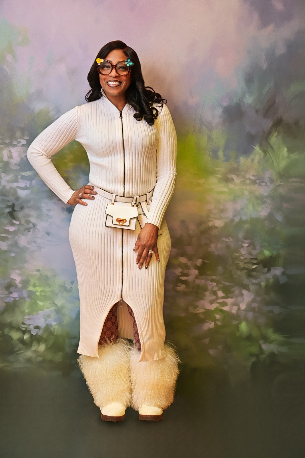 Ribbed Zip-Front Midi Dress with Belt Bag
