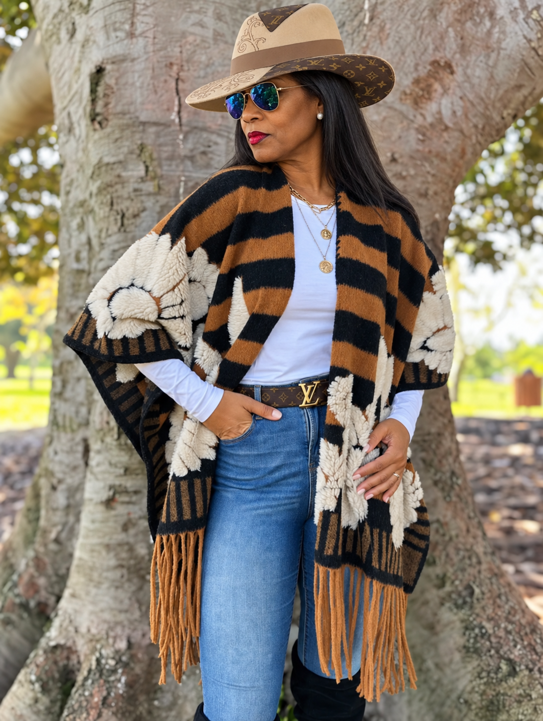 Cocoa Bloom Fringe – Brown Striped Floral Poncho Shawl