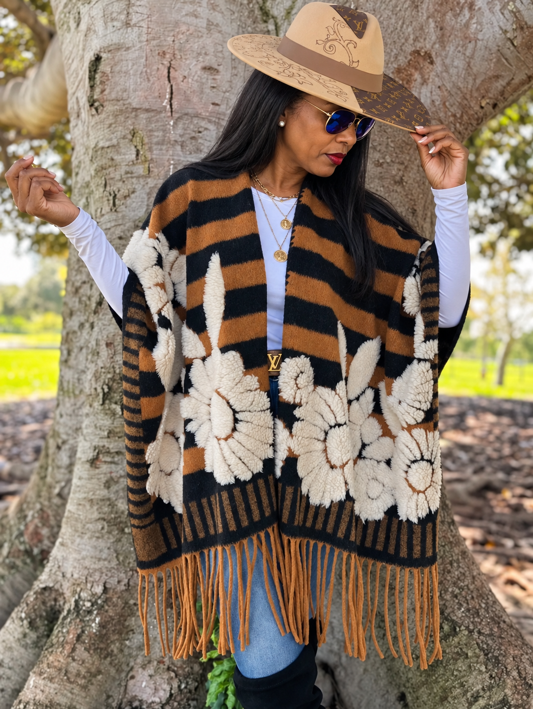 Cocoa Bloom Fringe – Brown Striped Floral Poncho Shawl