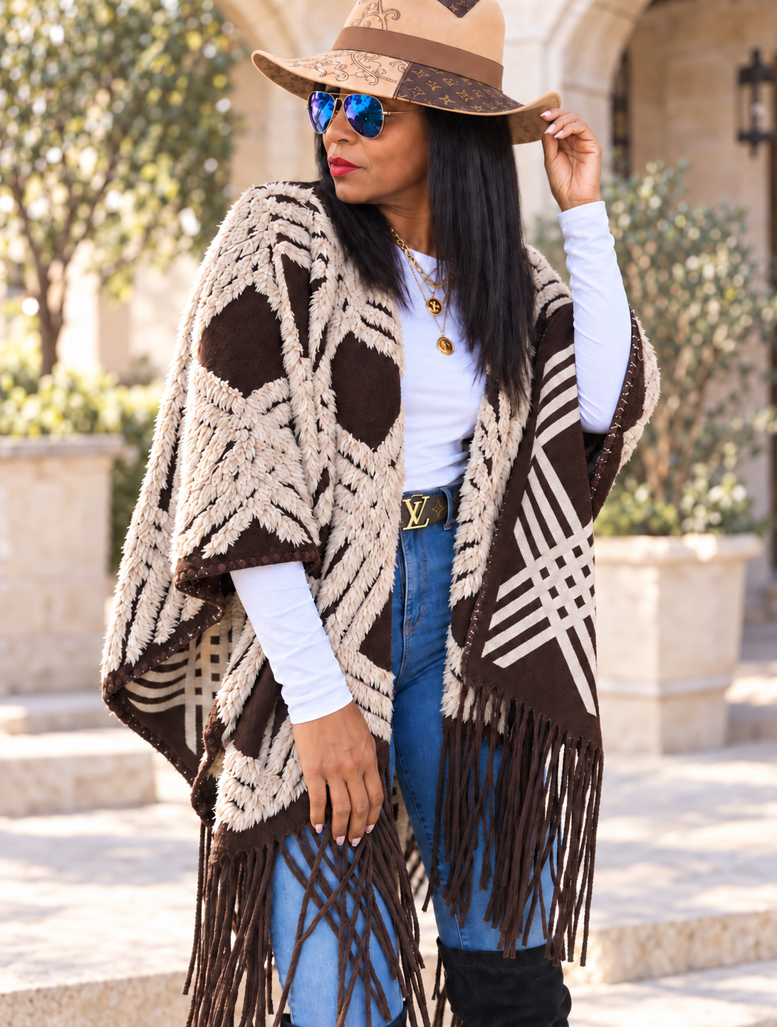 Cocoa Bloom Fringe – Brown Striped Floral Poncho Shawl