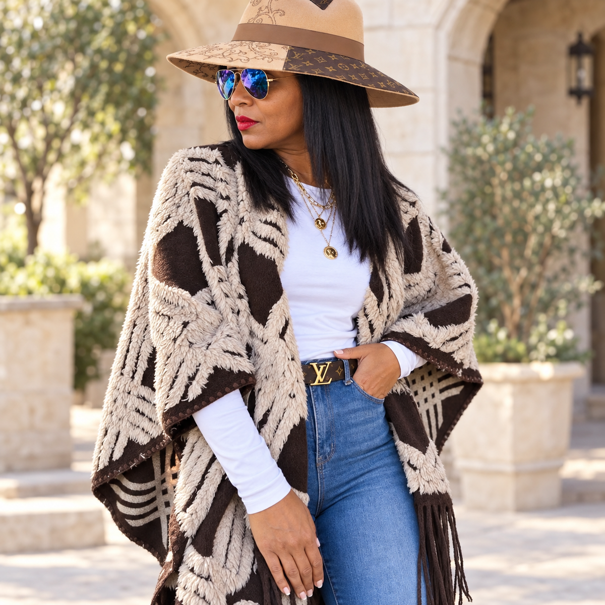 Cocoa Bloom Fringe – Brown Striped Floral Poncho Shawl