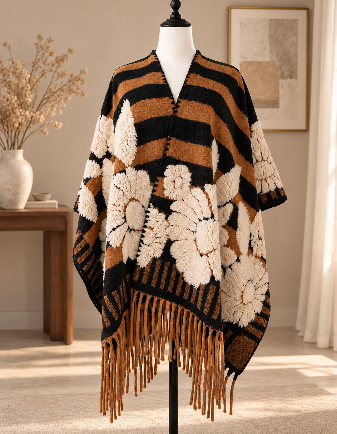 Cocoa Bloom Fringe – Brown Striped Floral Poncho Shawl